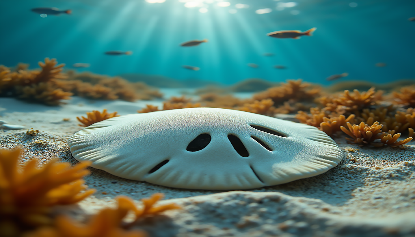 What Are Sand Dollars, A close-up view of a sand dollar resting on a sandy ocean floor, surrounded by colorful marine life, with sunlight filtering through the water creating a serene underwater ambiance. The intricate patterns on the sand dollar's surface are clearly visible, and small fish and seaweed add to the vibrant marine ecosystem.