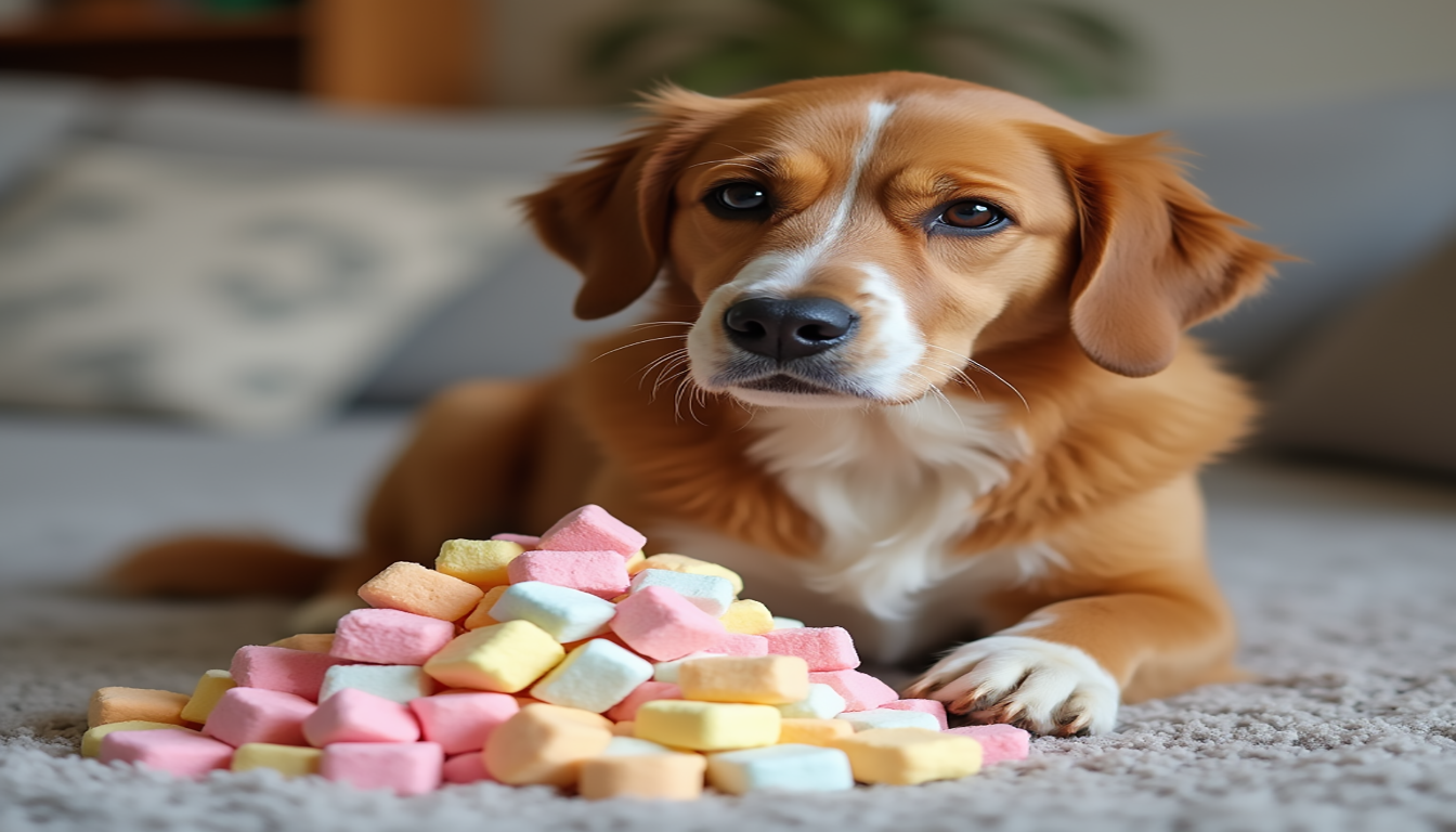 A concerned if Can Dogs Eat Marshmallows sitting next to a pile of colorful marshmallows, with a worried expression reflecting the potential health risks, surrounded by visual representations of common dog health issues like obesity, dental problems, and digestive distress, set in a cozy home environment with soft lighting.