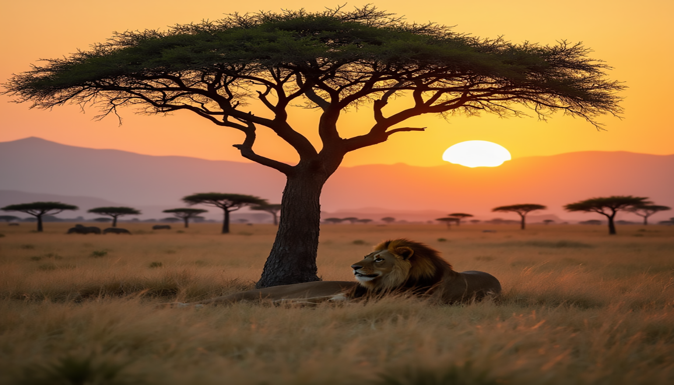 How Long Do Lions Live, A serene African savanna at sunset, featuring a pride of lions resting under a baobab tree, with golden grass swaying in the gentle breeze, distant mountains silhouetted against the orange sky, and acacia trees dotting the landscape.
