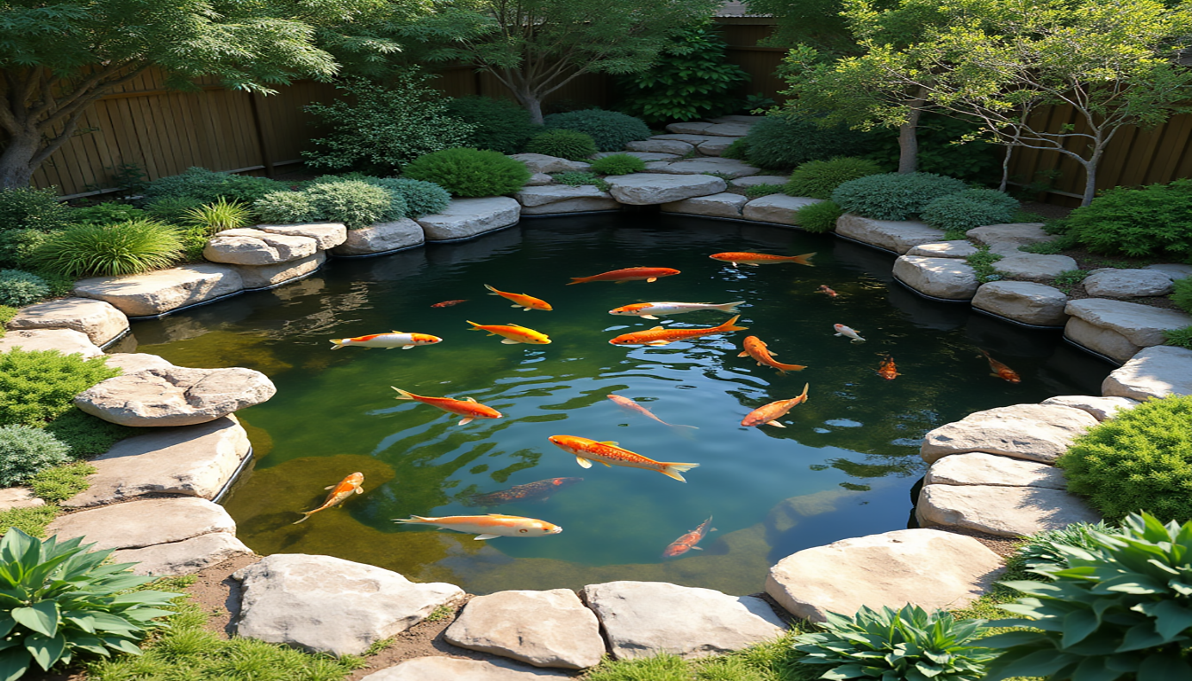 How Big Should a Koi Fish Pond Be, A serene backyard scene featuring a perfectly sized koi pond, with various sections illustrating different ideal dimensions for koi fish ponds. Include lush greenery surrounding the pond, colorful koi fish swimming gracefully, and natural elements like rocks and water plants. Showcase clear water reflecting sunlight, with a peaceful ambiance that highlights the importance of pond size for koi care.