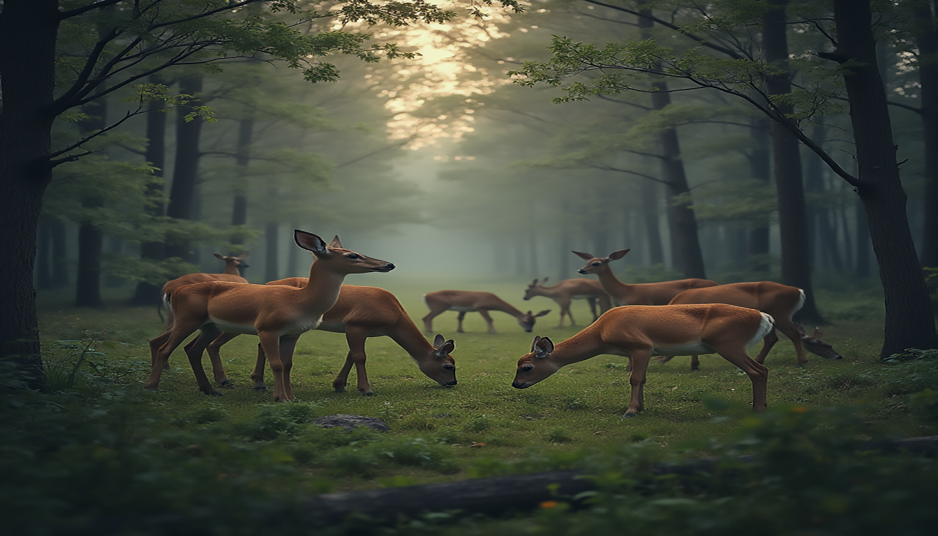 Are Deer Nocturnal, A serene forest scene at dusk, showcasing multiple deer in various poses, some grazing peacefully while others stand alert, with soft shadows casting across the ground, surrounded by lush greenery and gentle light filtering through the trees, emphasizing the twilight atmosphere and the natural behavior of deer.