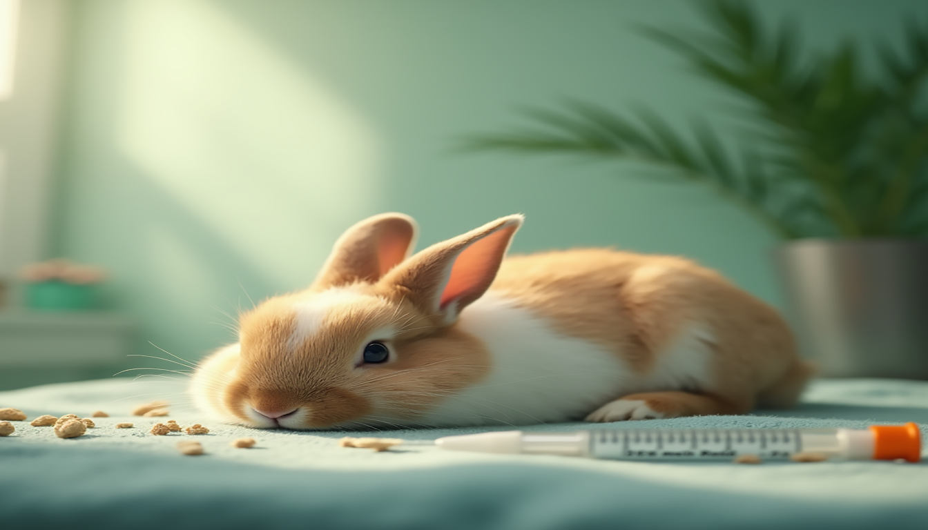 how much liquid corid water rabbits, A serene rabbit resting comfortably in a cozy environment, surrounded by medical equipment such as a syringe filled with liquid Corid, gentle natural lighting highlighting the rabbit's soft fur, and a calming green background symbolizing health and recovery.