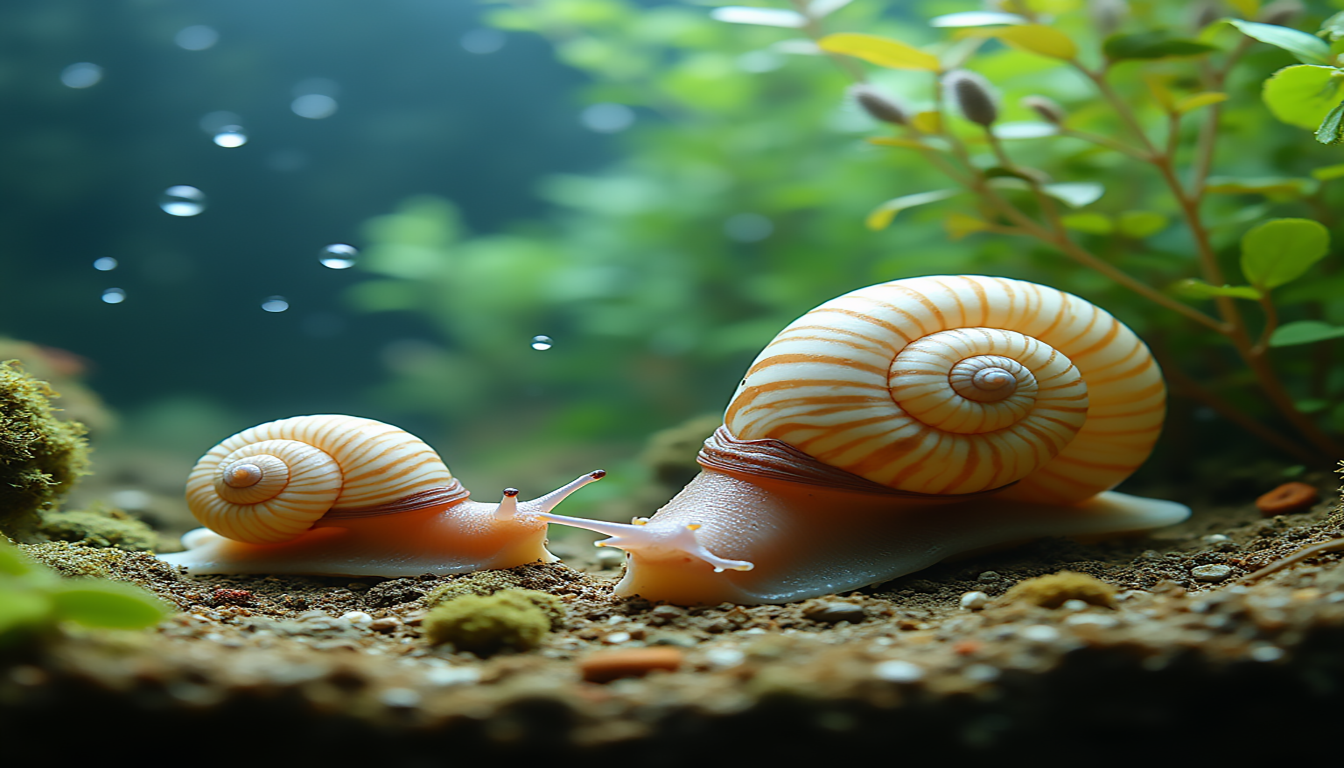 When Do Bladder Snails Grow a Shell stages of bladder snails, showing a series of snails at different ages, highlighting shell development from a soft, undeveloped state to fully formed shells, set against an aquatic environment with plants and gentle ripples in the water.
