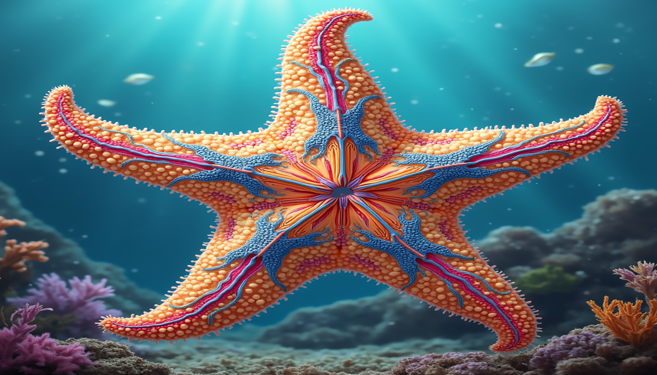 the Water Vascular System in Asteroidea, Detailed illustration of a sea star's water vascular system, showcasing the intricate network of canals, madreporite, tube feet, and ampullae, with a vibrant underwater background, emphasizing the biological structures in vivid colors and textures.