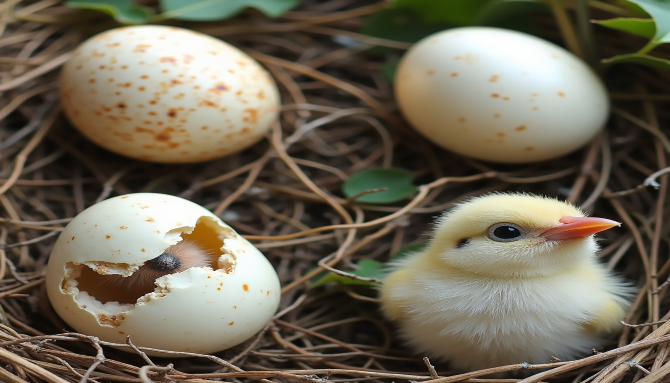 House Finch eggs development stages, featuring a series of four eggs in different stages: the first egg is speckled and unhatched, the second shows a tiny crack, the third is partially open with a chick emerging, and the fourth displays a fully hatched chick with soft down feathers, set against a natural nest background with leaves and twigs.