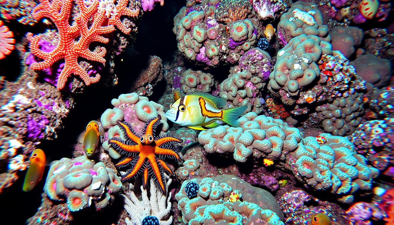 A vibrant underwater scene showcasing a Watchman Goby swimming near a coral reef, with a Caribbean Dwarf Octopus blending into the colorful corals, surrounded by various marine life, soft light filtering through the water, and intricate details of the ocean flora and fauna.
