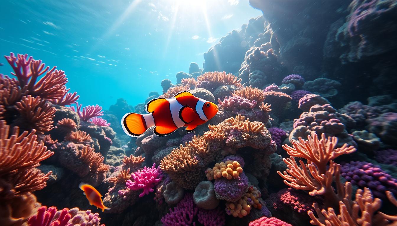 Do Clownfish Eat Coral Reef, Vibrant clownfish swimming among colorful coral reefs, showcasing intricate coral formations and a diverse array of marine life, with sunlit water filtering through the surface creating a serene underwater scene.
