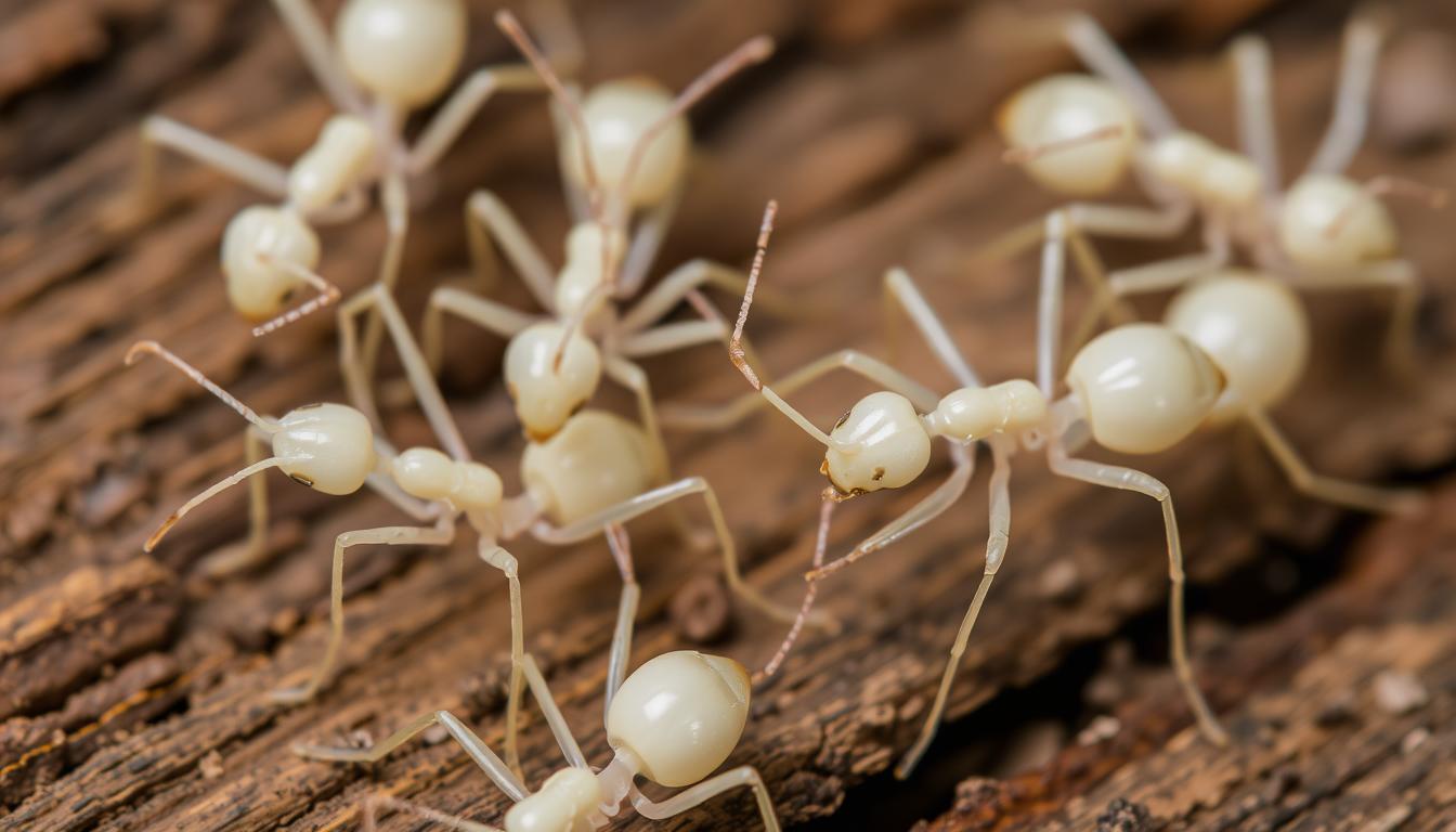 What Do White Ants Look Like, Close-up of white ants, showcasing their slender bodies, elongated antennae, and pale coloration. Focus on their segmented abdomens and delicate legs, set against a natural background of wood or soil with subtle textures.