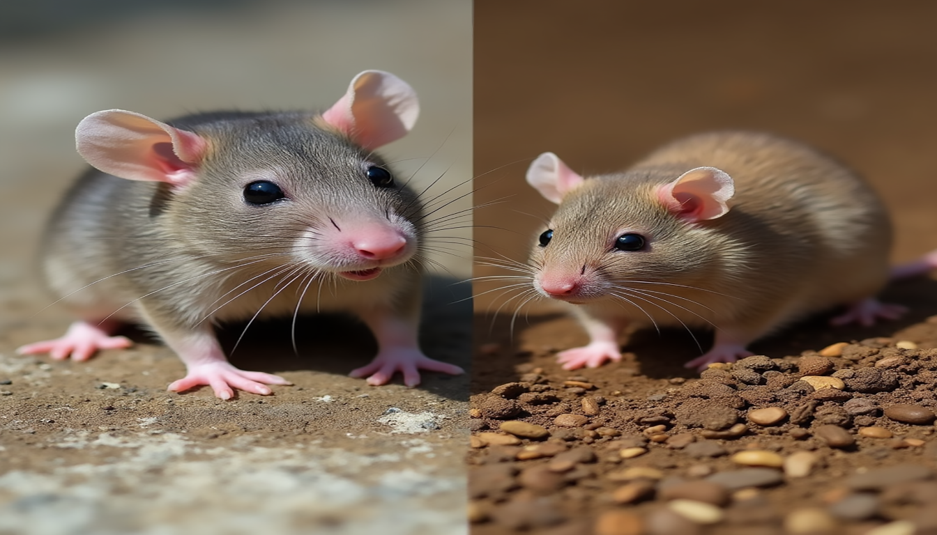 Rat Poop vs Mouse Poop, A close-up illustration comparing rat droppings and mouse droppings, showcasing a side-by-side arrangement with detailed textures, sizes, and shapes, set against a neutral background for clarity; include realistic depictions of each type of feces, highlighting differences in color and form.