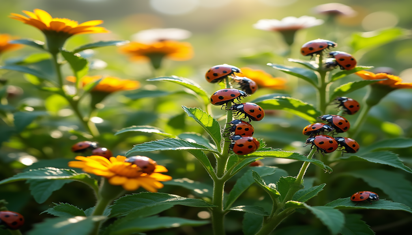 What Do Ladybugs Eat, A vibrant garden scene showcasing ladybugs on various plants, surrounded by aphids and other small insects, illustrating the ladybug's role as a natural pest controller; featuring colorful flowers, lush greenery, and a sunny background to emphasize the ecosystem's health.