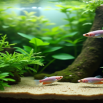 Do Betta Fish Sleep, An underwater scene showcasing a variety of tranquil sleeping locations for Betta fish, including lush green aquatic plants, cozy floating leaves, and a secluded corner with soft sand at the bottom. The water is calm, and gentle light filters through, creating a serene atmosphere that emphasizes the peacefulness of sleeping Betta fish.