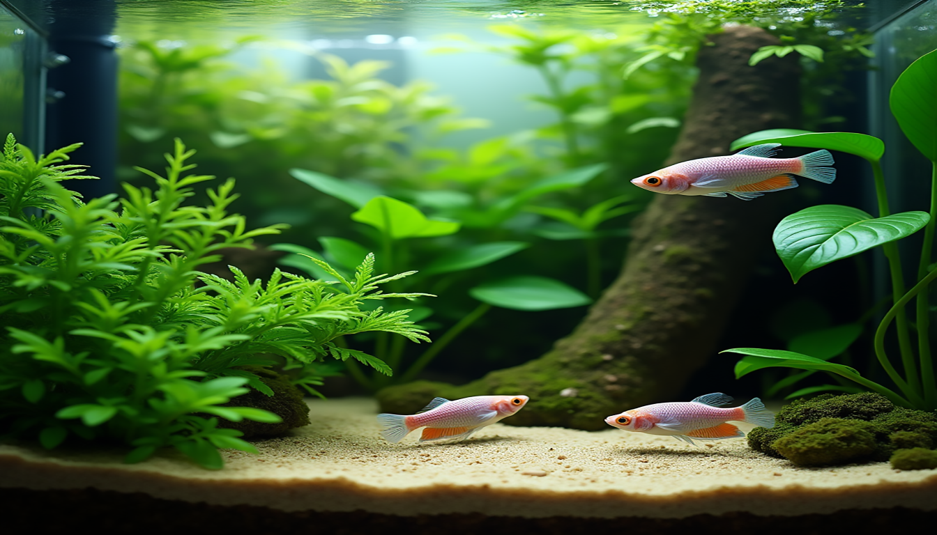 Do Betta Fish Sleep, An underwater scene showcasing a variety of tranquil sleeping locations for Betta fish, including lush green aquatic plants, cozy floating leaves, and a secluded corner with soft sand at the bottom. The water is calm, and gentle light filters through, creating a serene atmosphere that emphasizes the peacefulness of sleeping Betta fish.