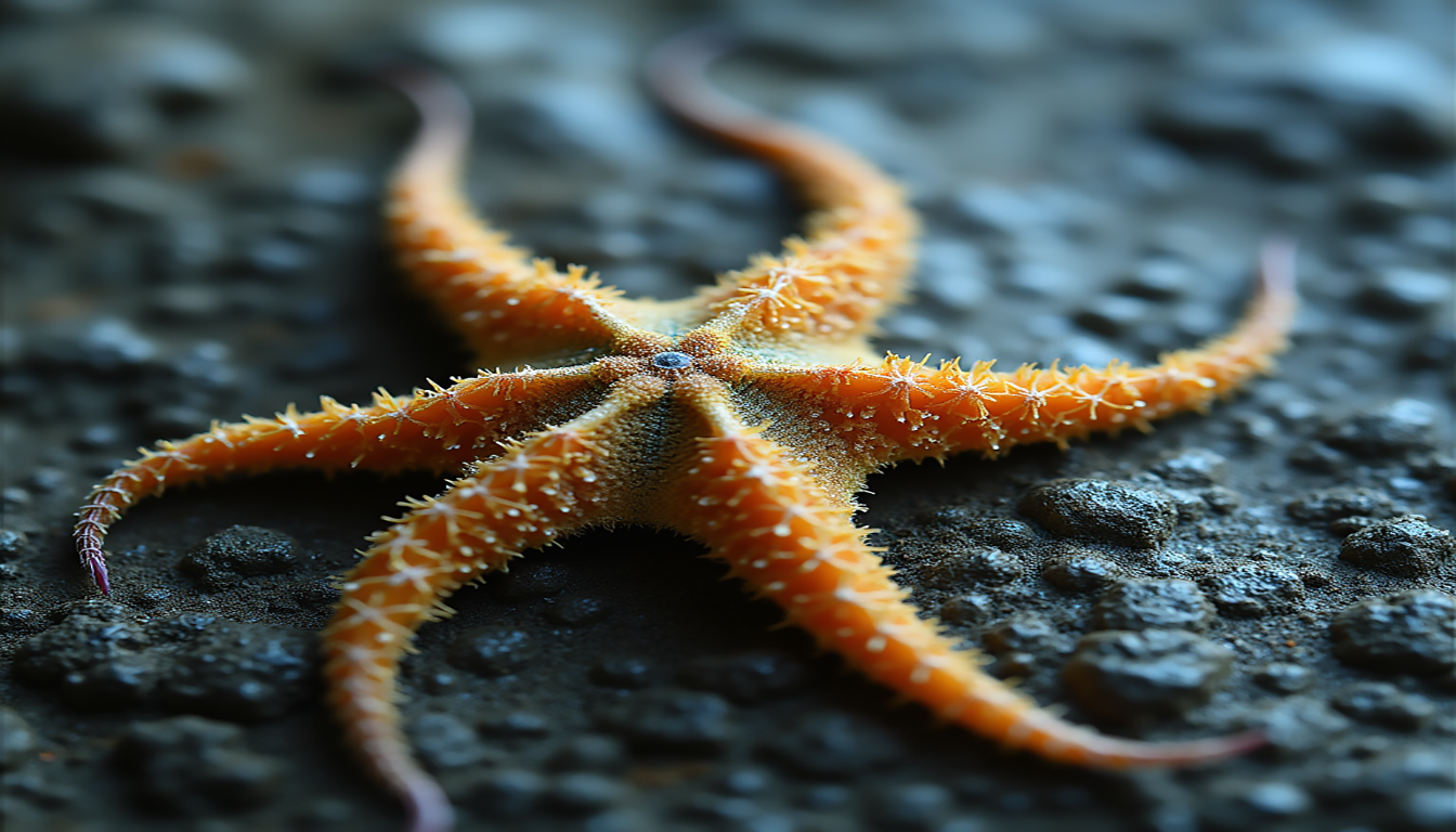 How Long Can an Arm of a Brittle Star Grow, A vibrant underwater scene showcasing a large brittle star with elongated arms gracefully extending in various directions, surrounded by colorful coral formations and a diverse array of marine life, illuminated by soft shafts of sunlight filtering through the water.
