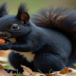 An enchanting Black Squirrel perched on a vibrant green branch, showcasing its sleek fur and bushy tail against a backdrop of autumn foliage in warm hues of orange and yellow, highlighting its unique features and playful demeanor.