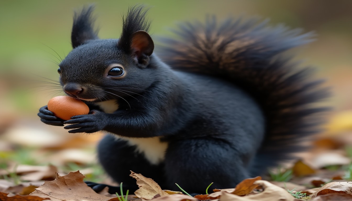 An enchanting Black Squirrel perched on a vibrant green branch, showcasing its sleek fur and bushy tail against a backdrop of autumn foliage in warm hues of orange and yellow, highlighting its unique features and playful demeanor.