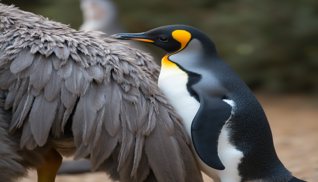 is an ostrich wings and a penguin wings homologous, Ostrich and penguin wings side by side, showcasing their structural differences and similarities, detailed anatomy illustration, vibrant colors, wildlife background, focus on feathers and bone structure.