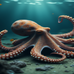 An octopus gracefully navigating through a vibrant underwater scene, showcasing its unique nervous system with glowing nerve pathways and a depiction of its eight arms in motion, surrounded by colorful coral and marine life, emphasizing intelligence and adaptability in a surreal, dreamy style.
