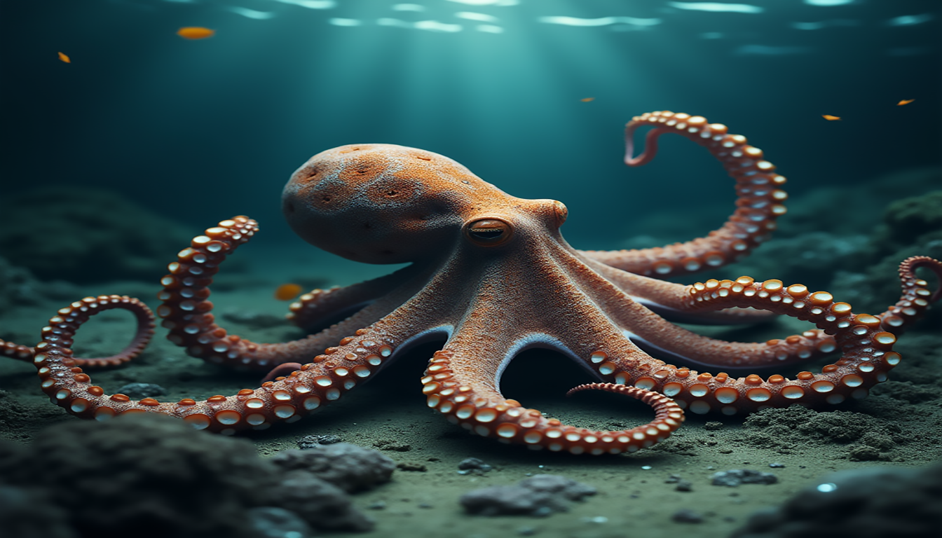An octopus gracefully navigating through a vibrant underwater scene, showcasing its unique nervous system with glowing nerve pathways and a depiction of its eight arms in motion, surrounded by colorful coral and marine life, emphasizing intelligence and adaptability in a surreal, dreamy style.