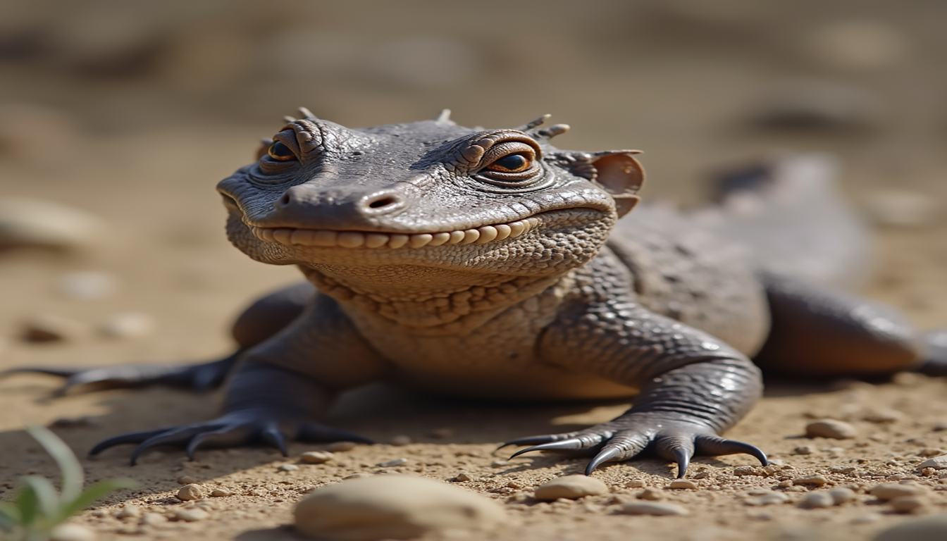 Prehistoric Diplocaulus amphibian with a distinctive boomerang-shaped head, set in a lush ancient landscape filled with ferns and water, realistic texture and colors, showcasing its unique features and natural habitat.