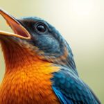 blue rock thrush bird, A close-up illustration of a blue rock thrush bird opening its beak in a singing pose, detailed feather patterns, dynamic pose, vibrant colors.
