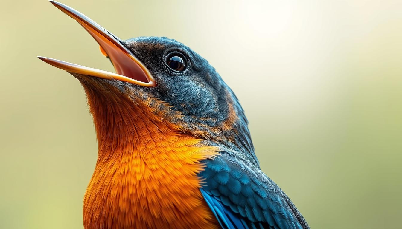 blue rock thrush bird, A close-up illustration of a blue rock thrush bird opening its beak in a singing pose, detailed feather patterns, dynamic pose, vibrant colors.