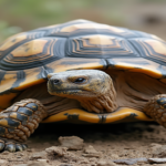 A serene outdoor scene featuring a healthy Sulcata Tortoise in a lush, sunlit garden, surrounded by native plants and rocks. The tortoise is basking on a warm piece of soil, with vibrant greenery and colorful flowers in the background. A small water dish is placed nearby, reflecting sunlight. The overall atmosphere is calm and inviting, showcasing a natural habitat that promotes the well-being of the African spurred tortoise.