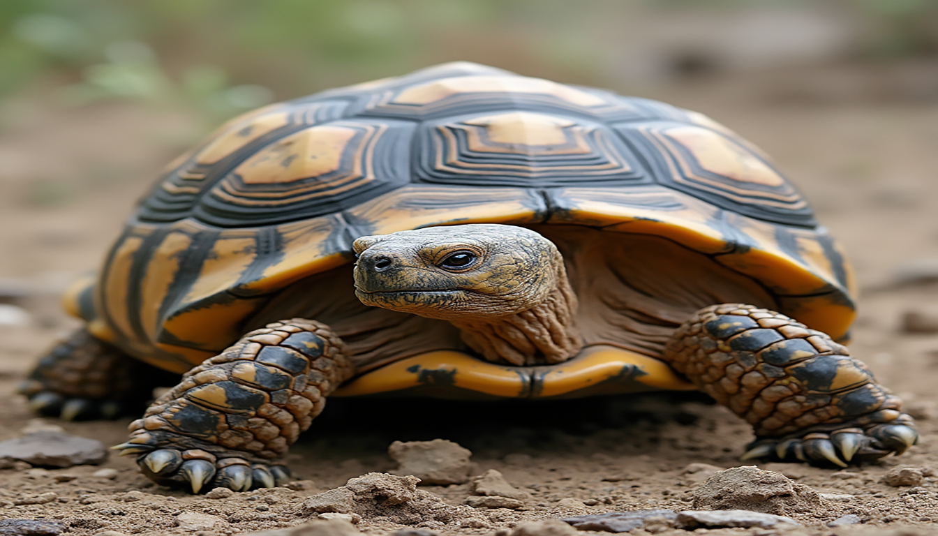 A serene outdoor scene featuring a healthy Sulcata Tortoise in a lush, sunlit garden, surrounded by native plants and rocks. The tortoise is basking on a warm piece of soil, with vibrant greenery and colorful flowers in the background. A small water dish is placed nearby, reflecting sunlight. The overall atmosphere is calm and inviting, showcasing a natural habitat that promotes the well-being of the African spurred tortoise.