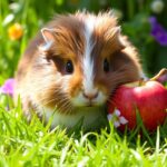 Can Guinea Pigs Eat Apples, A fluffy guinea pig nibbling on a bright red apple, surrounded by fresh green grass and colorful flowers, with soft sunlight illuminating the scene, showcasing the guinea pig's adorable features and the shiny texture of the apple.