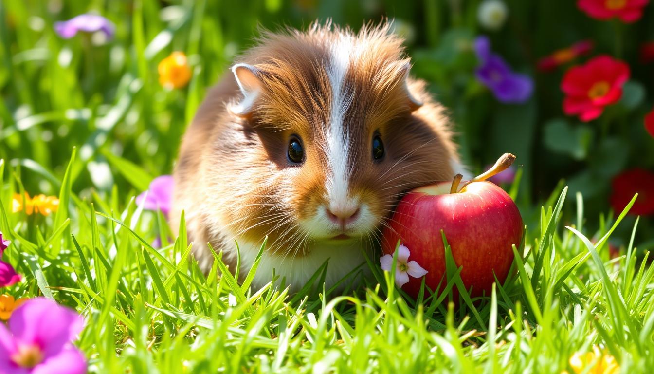 Can Guinea Pigs Eat Apples, A fluffy guinea pig nibbling on a bright red apple, surrounded by fresh green grass and colorful flowers, with soft sunlight illuminating the scene, showcasing the guinea pig's adorable features and the shiny texture of the apple.